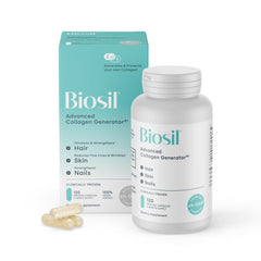 Biosil Collagen Booster bottle front showcases premium supplement for skin, hair, and nails.
