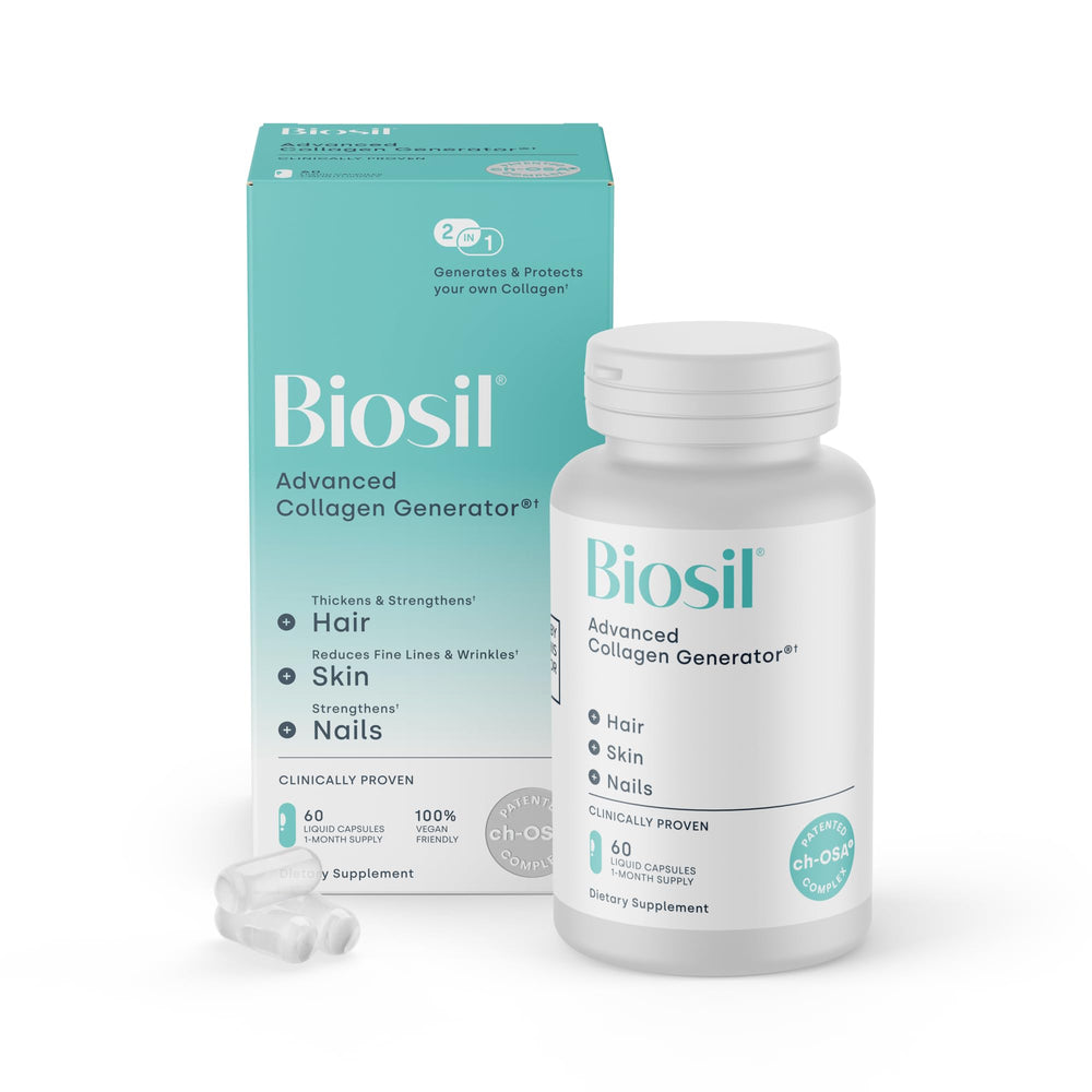 Biosil Collagen Generator bottle front with vegan capsules for skin and hair.