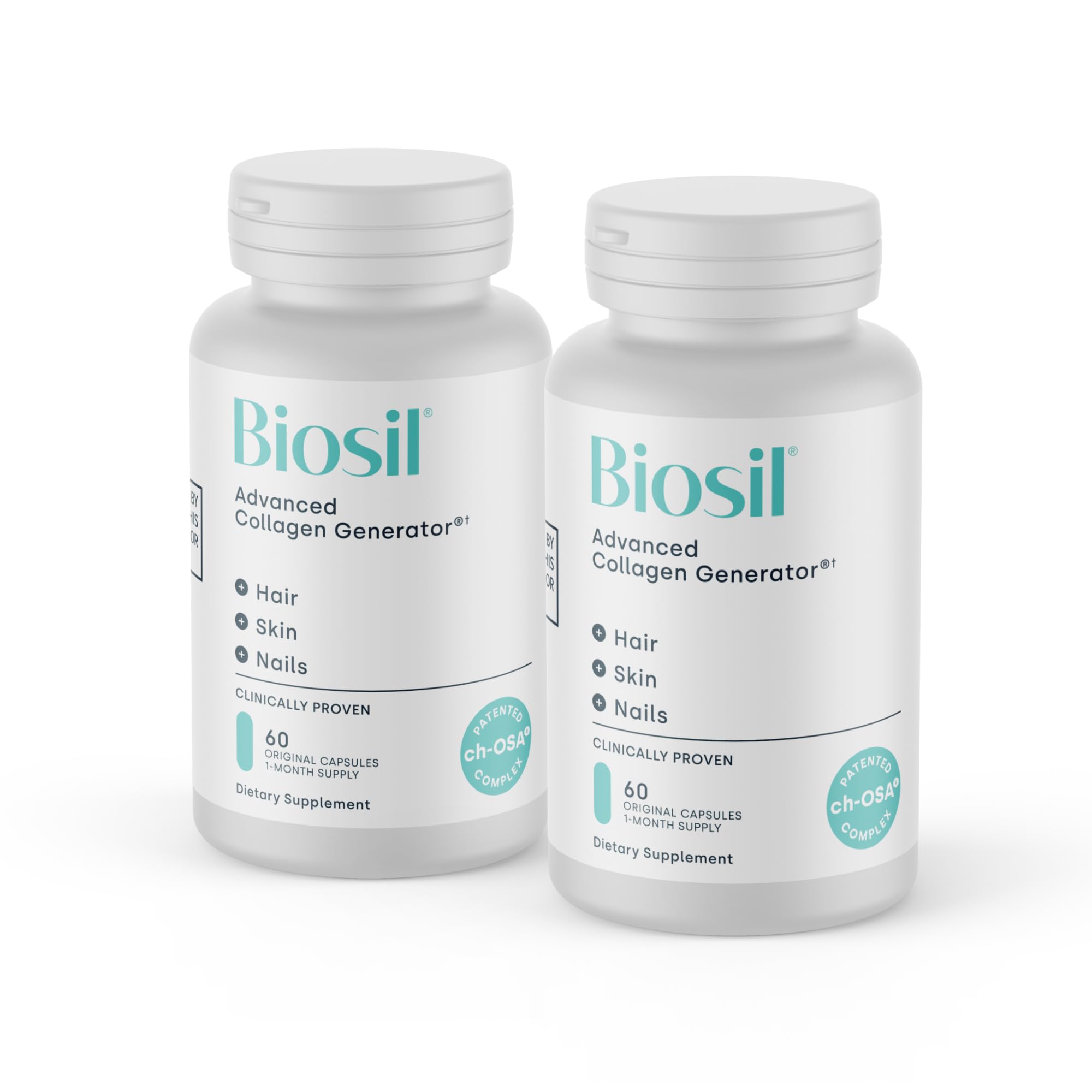This image shows Biosil Collagen Generator two-pack bottles supporting daily skin, hair, and nails.
