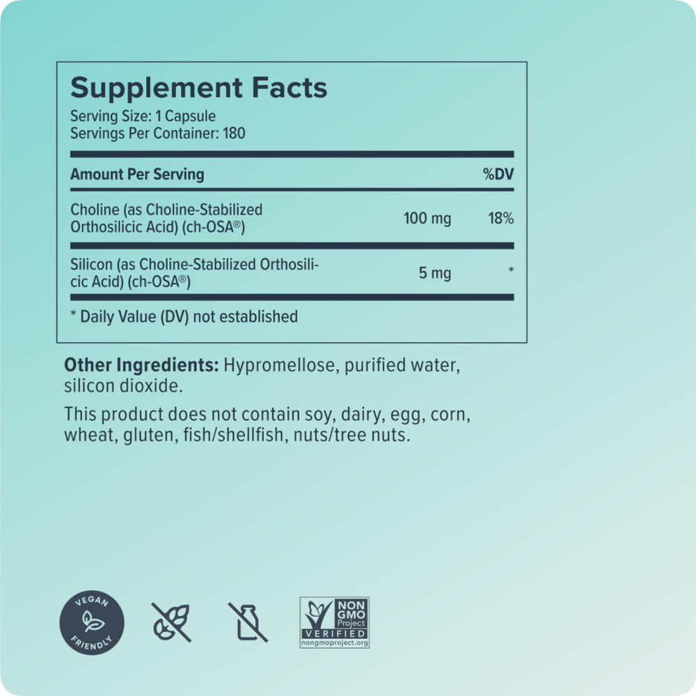 Biosil vegan-friendly formula badge—GMO-free and allergen-free claim.