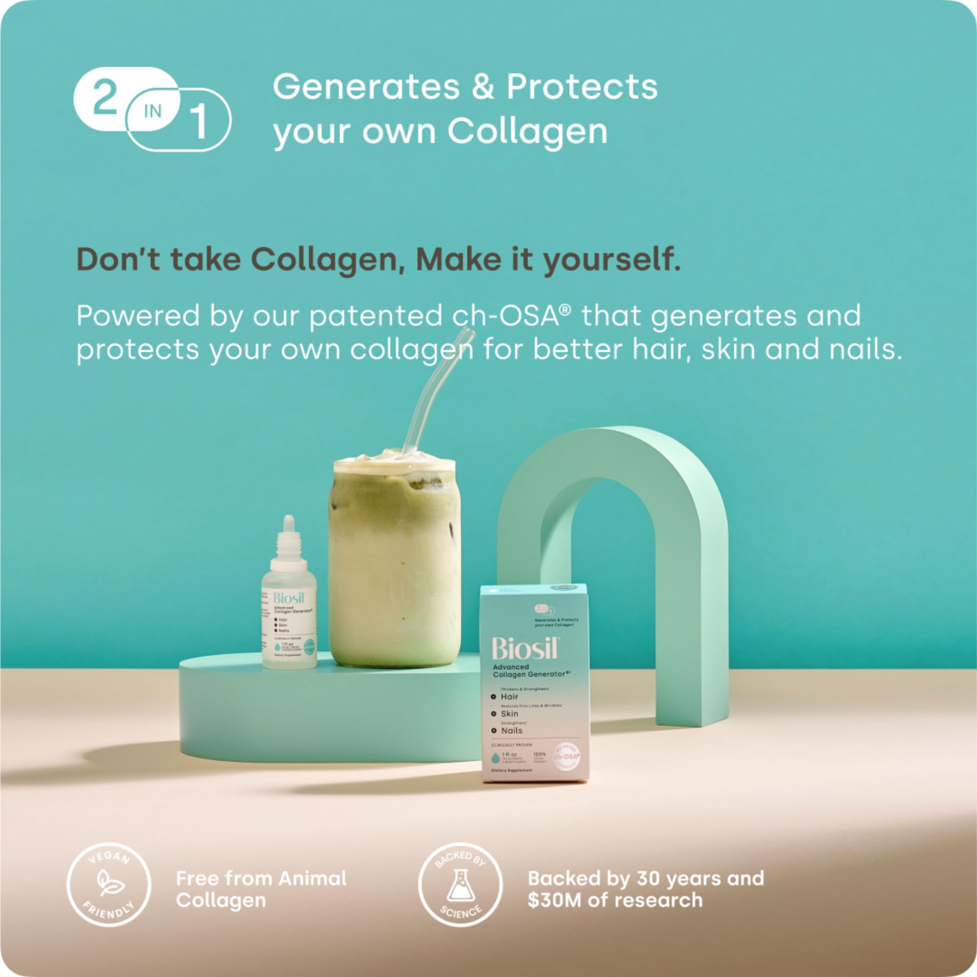 Vegan and GMO-free Biosil badge on the label reinforces clean beauty attributes.