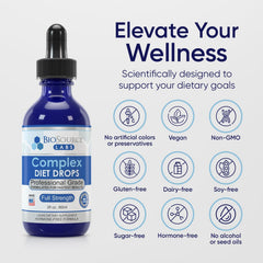 BioSource Labs Complex Diet Drops pour demonstrating easy dosing on the go for convenience.