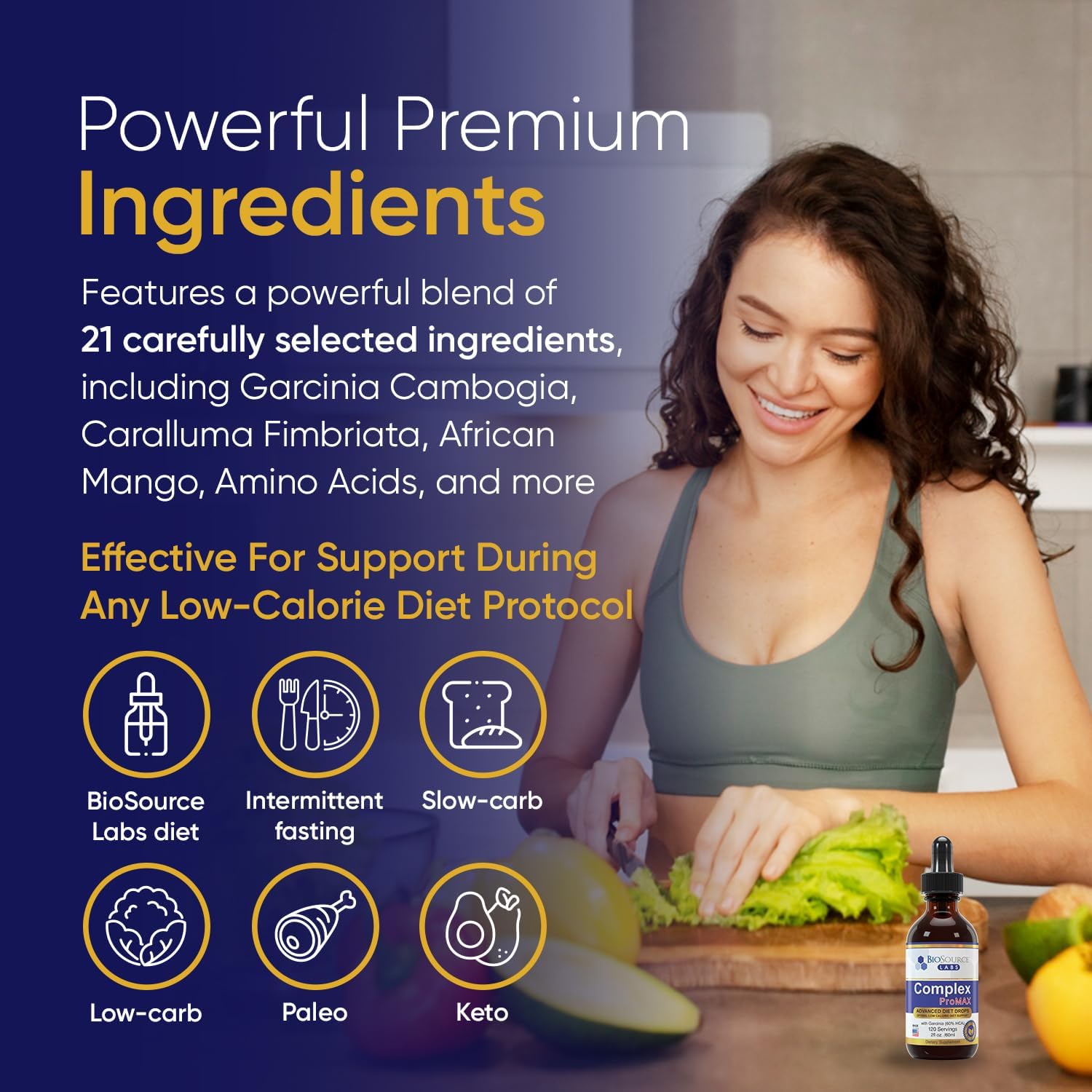BioSource Labs Complex ProMAX Drops ingredients-pack showcases garcinia cambogia and green tea for dietary support imagery.