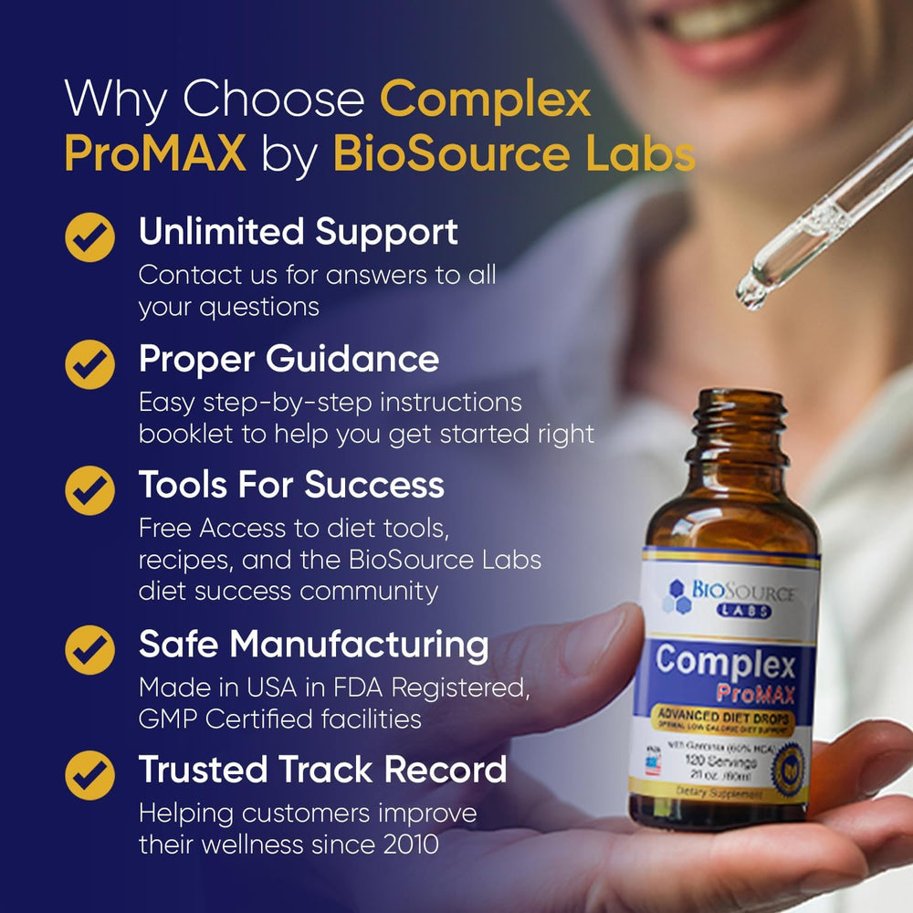 BioSource Labs Complex ProMAX Drops USA-manufactured badge conveys trusted production standards.