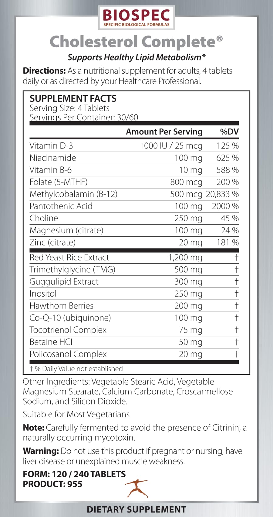 BIOSPEC NUTRITIONALS Cholesterol Complete bottle label close-up showing ingredients and dosage details.