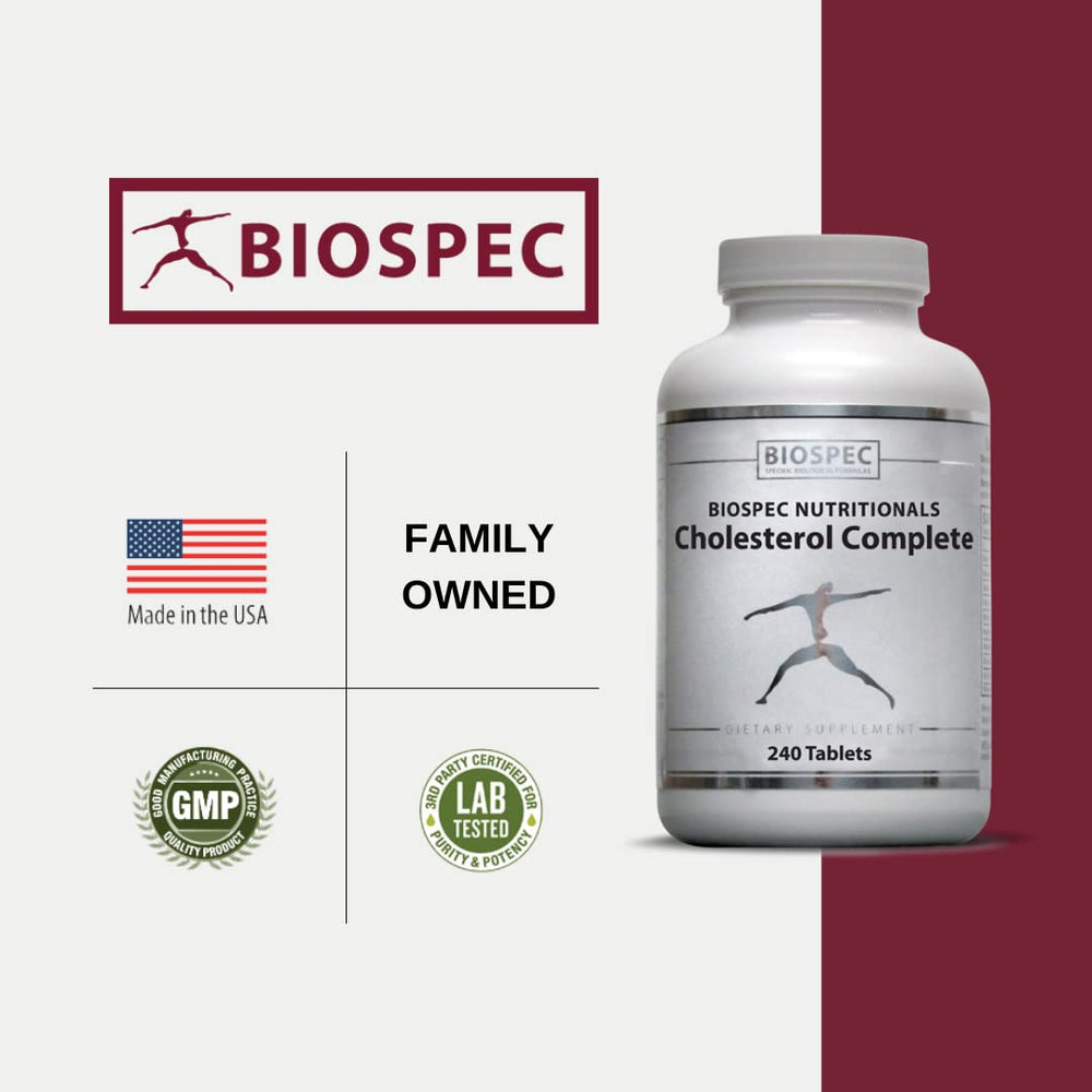 BIOSPEC NUTRITIONALS Cholesterol Complete magnesium and vitamin D-3 panel hinting at essential minerals.