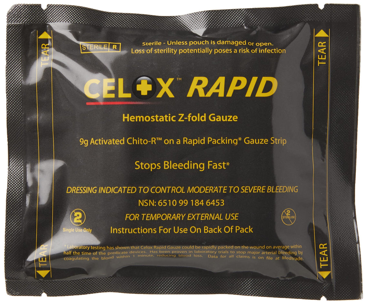 Biostat Celox Rapid Z-Folded Gauze packaged for quick emergency access