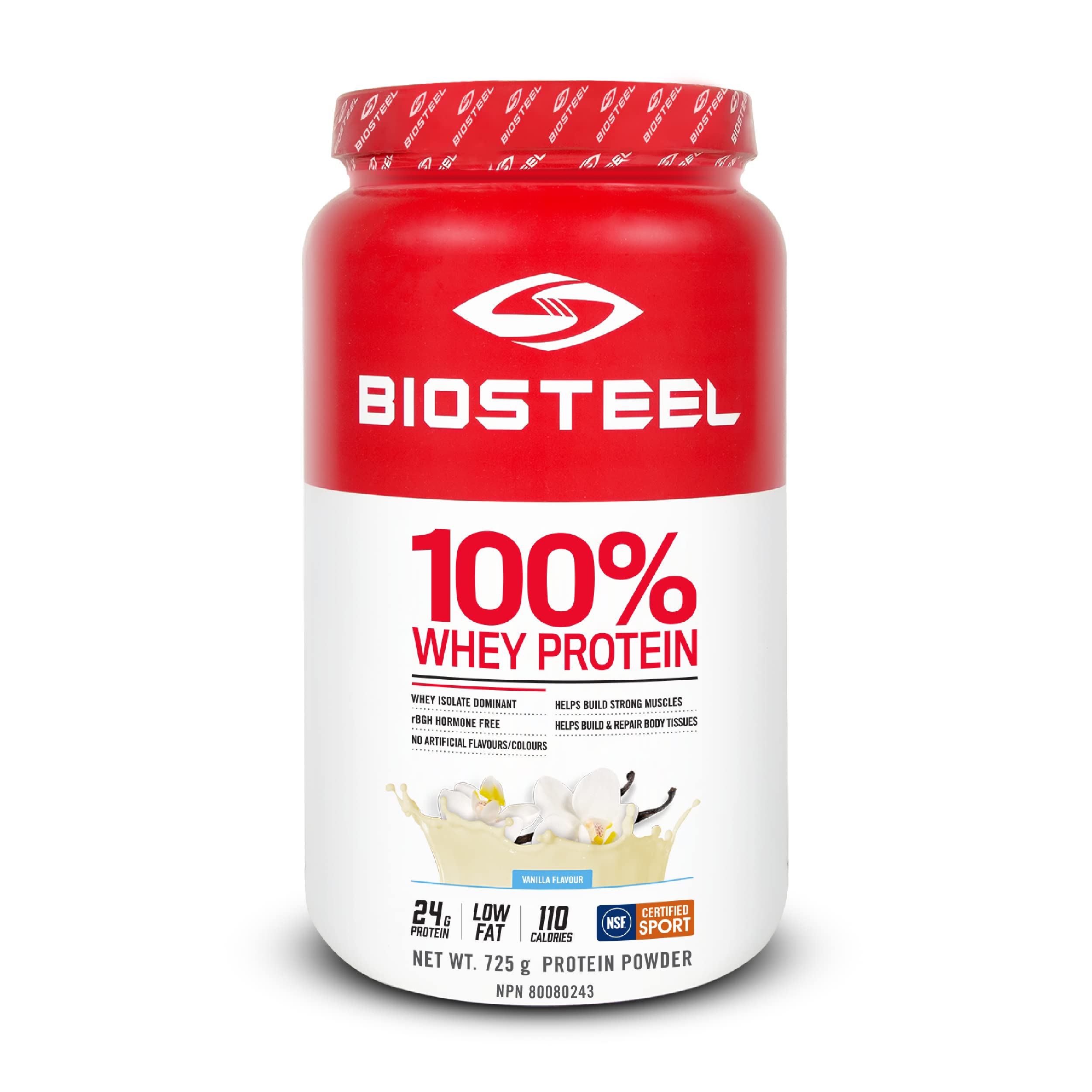 BIOSTEEL Vanilla Whey Bottle shows rBGH-free nutrition for post workout recovery.