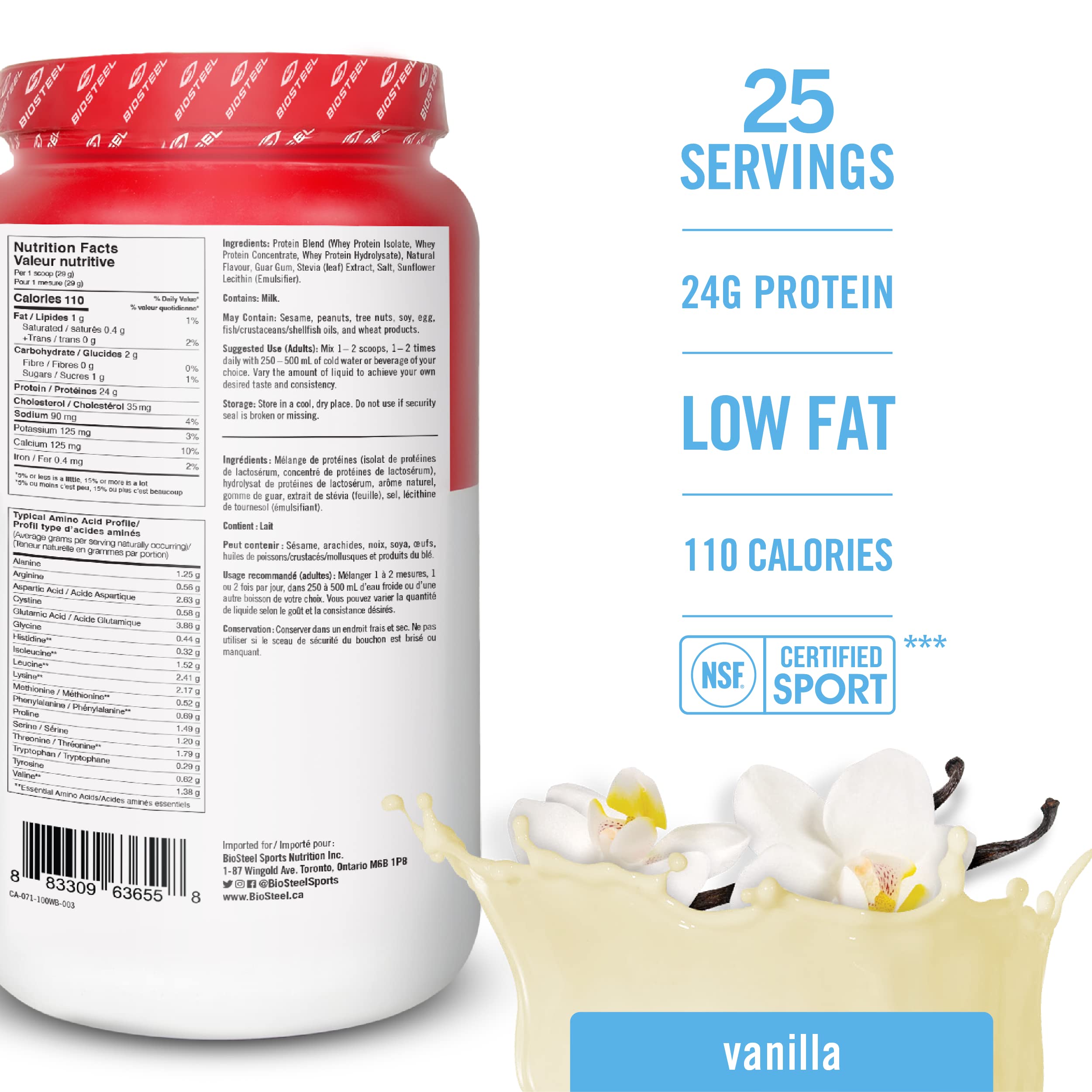 BIOSTEEL Vanilla Whey Ingredient Label emphasizes non-GMO and rBGH-free ingredients.