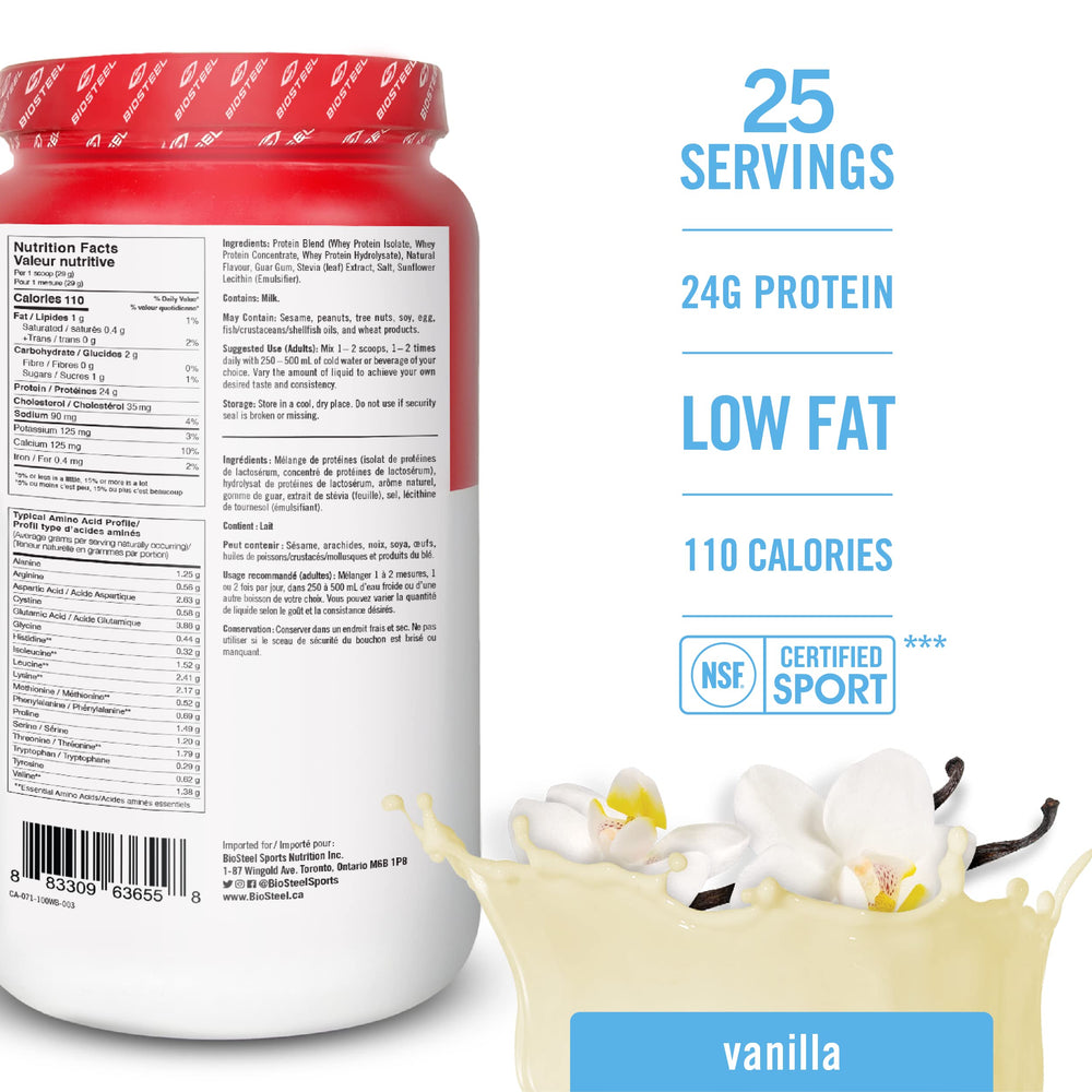 BIOSTEEL Vanilla Whey Ingredient Label emphasizes non-GMO and rBGH-free ingredients.
