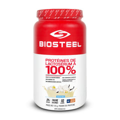BIOSTEEL Vanilla Whey Powder Scoop highlights 24 g protein per serving for muscle support.