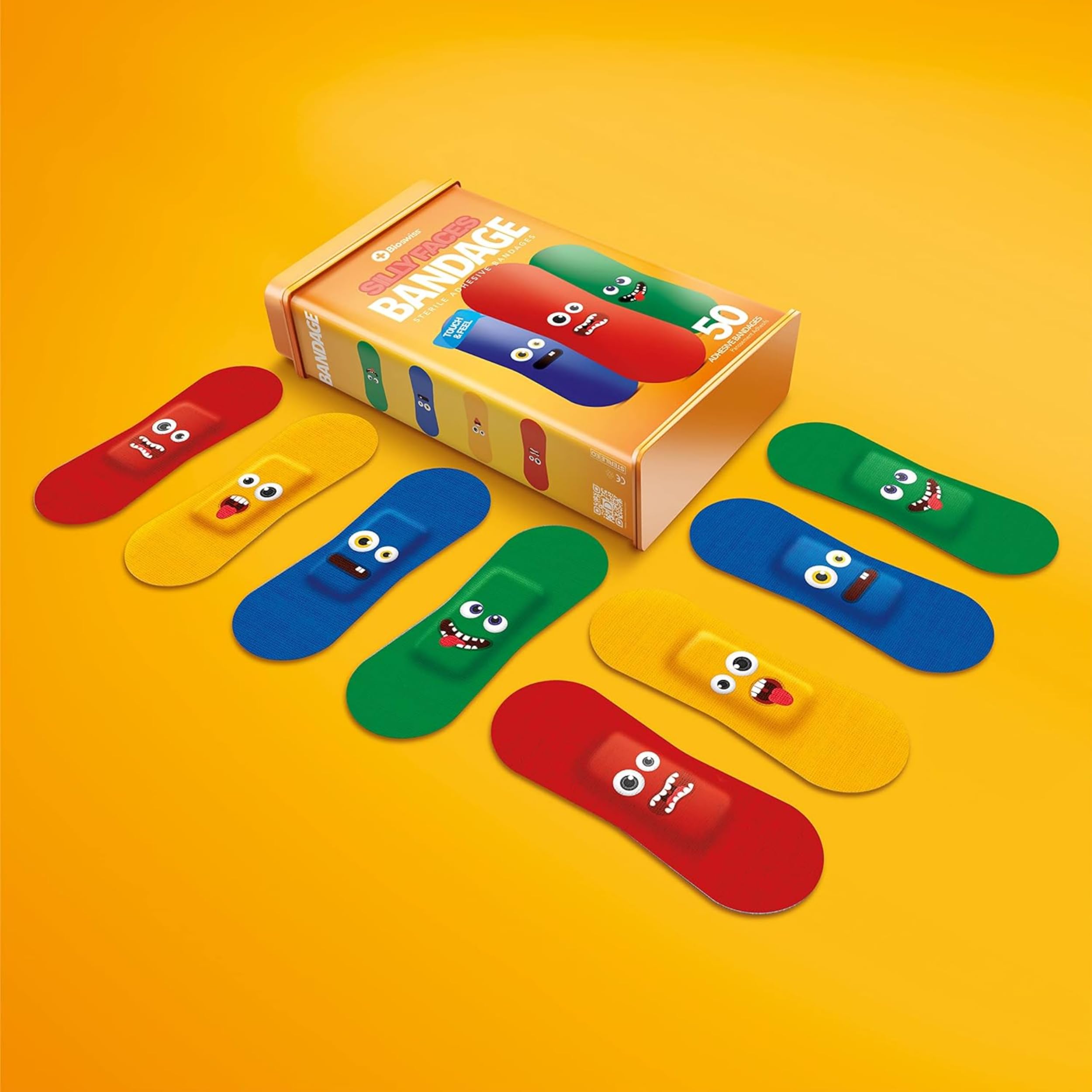 BioSwiss color designs bandages near display with vibrant shapes for kids.