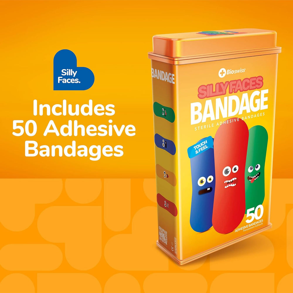 BioSwiss silly-face bandages closeup, self-adhesive comfort for quick, secure wear.