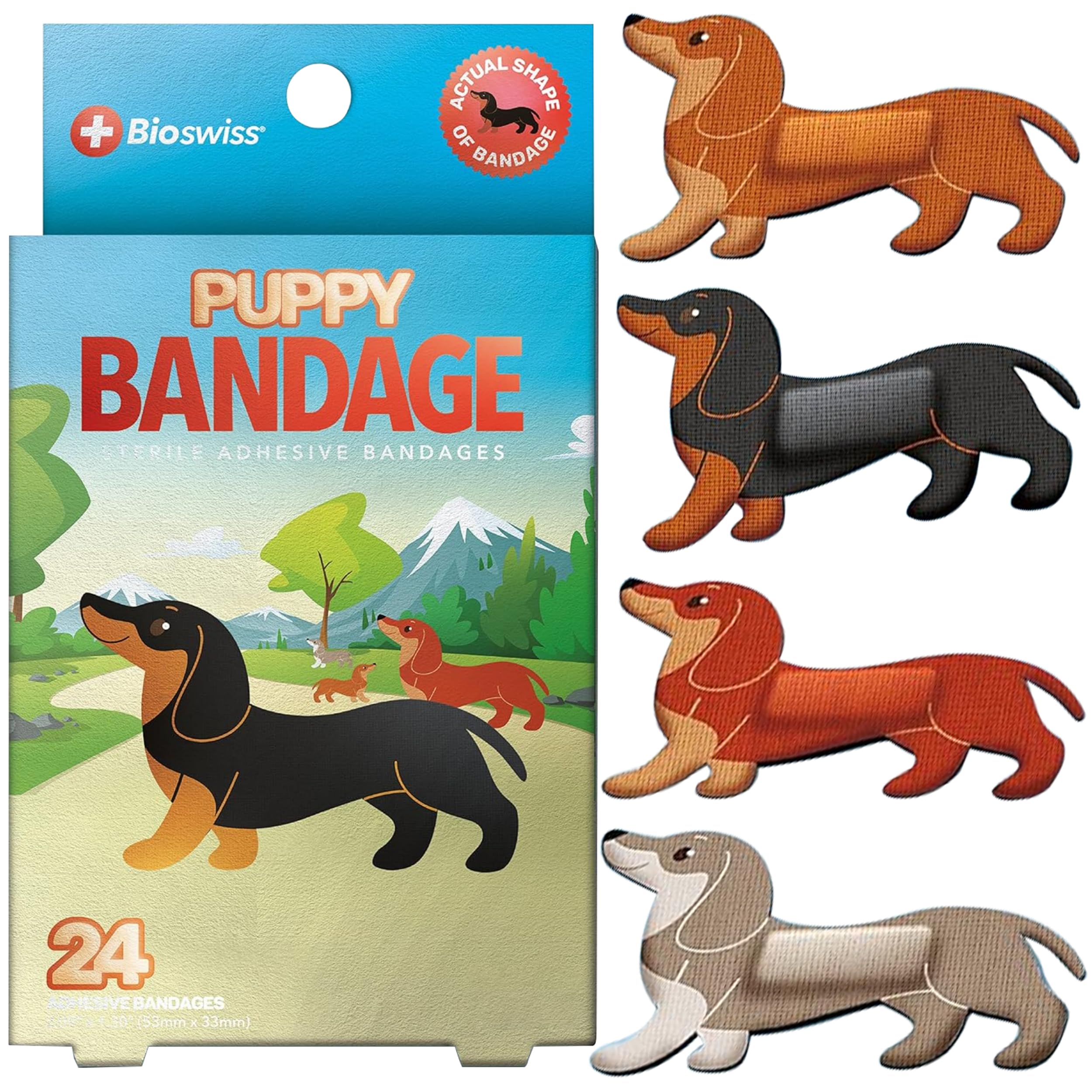 BioSwiss vendajes en diseño de perro salchicha, ideal para heridas menores.