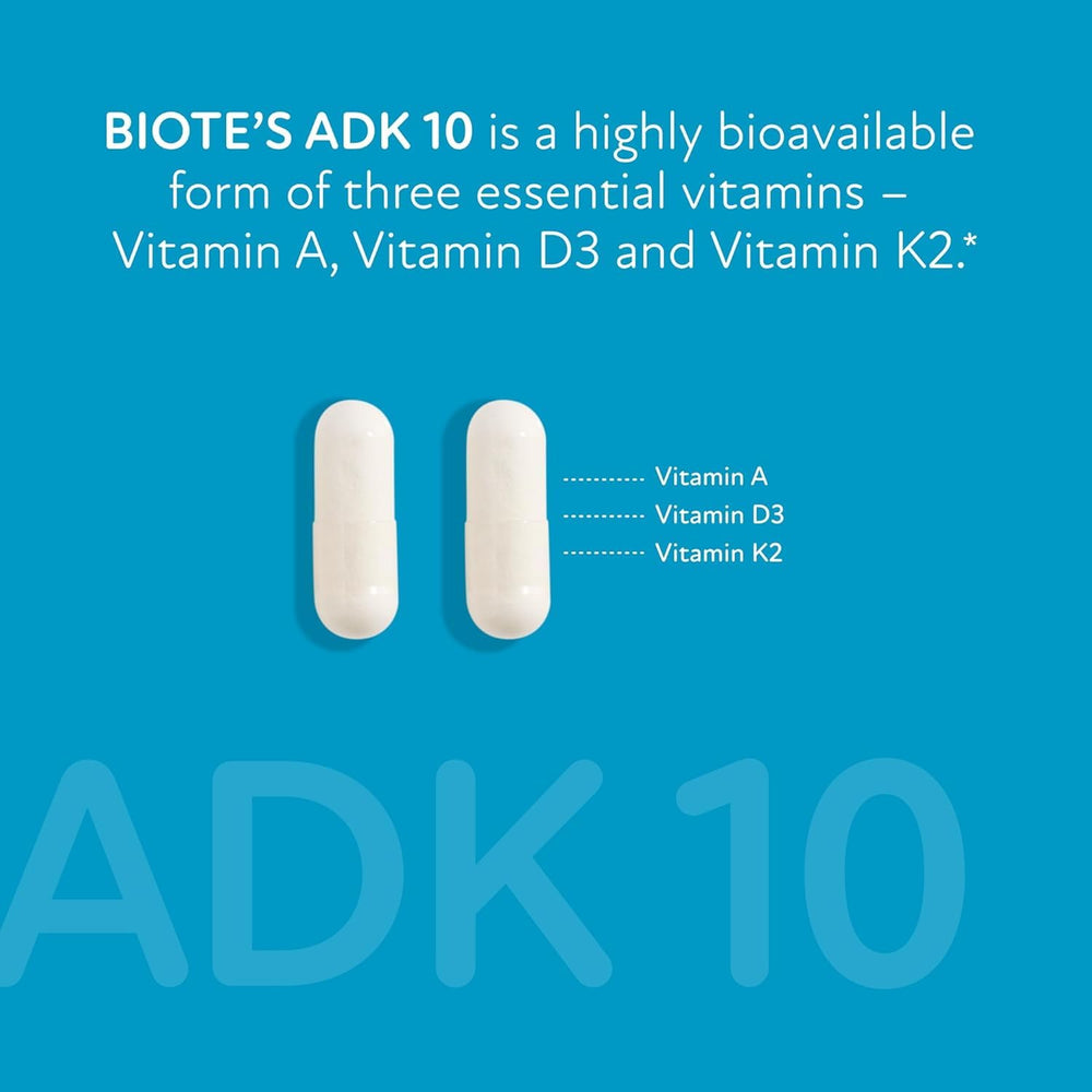 Biote ADK 10 bottle label highlighting allergen-free formulation.