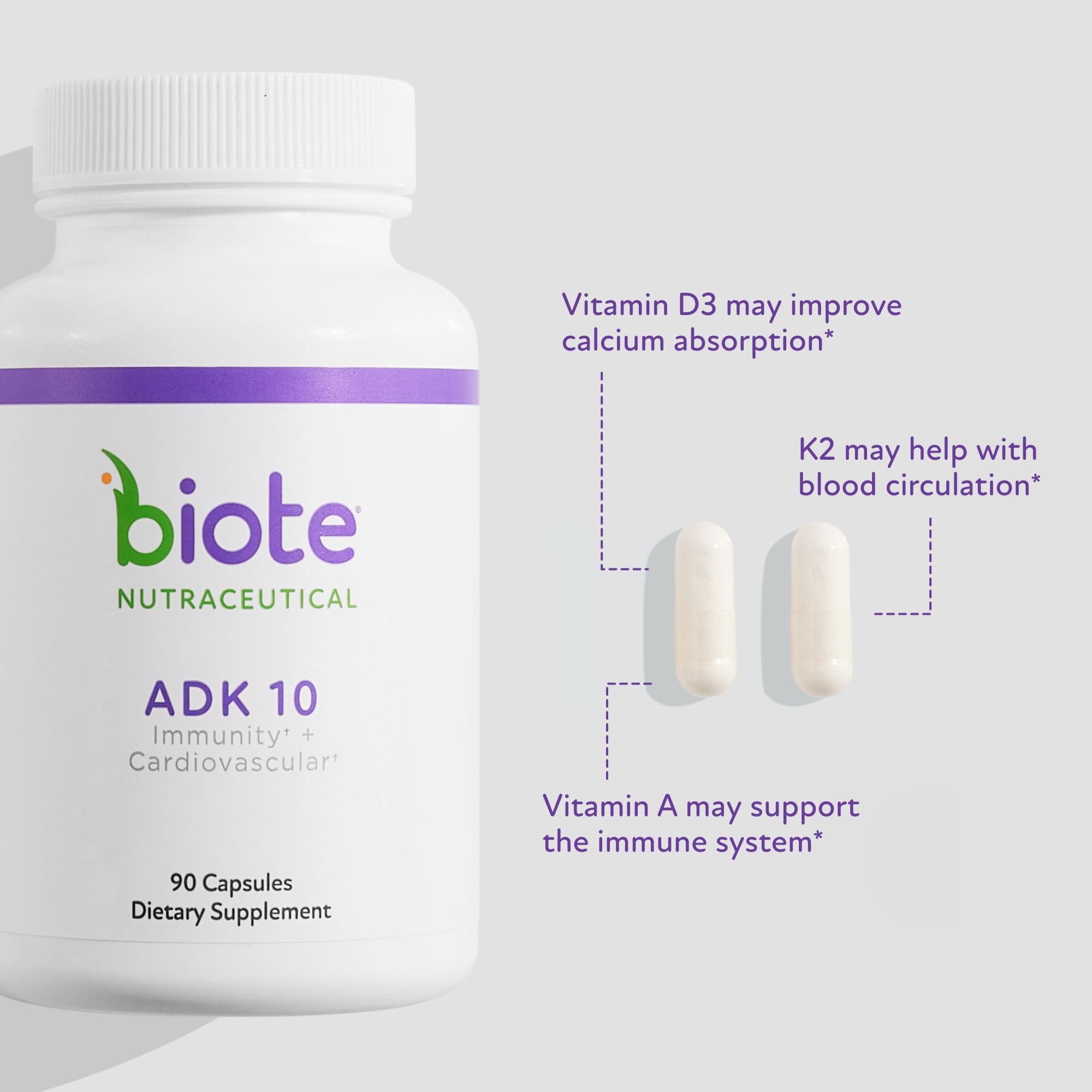 Biote ADK 10 capsules close-up showing a compact daily capsule.