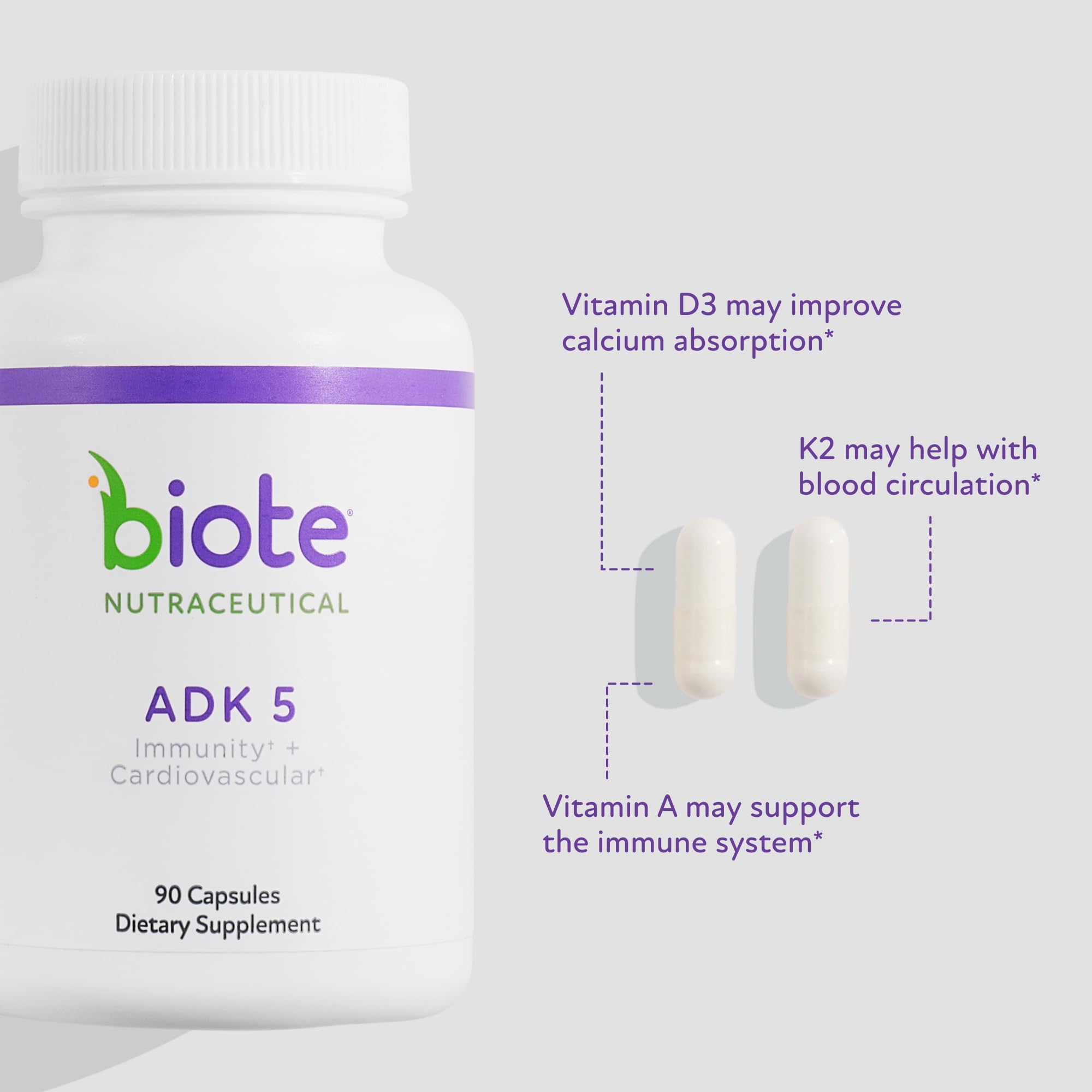 Biote ADK 5 label close-up highlighting vitamin D and bone health.