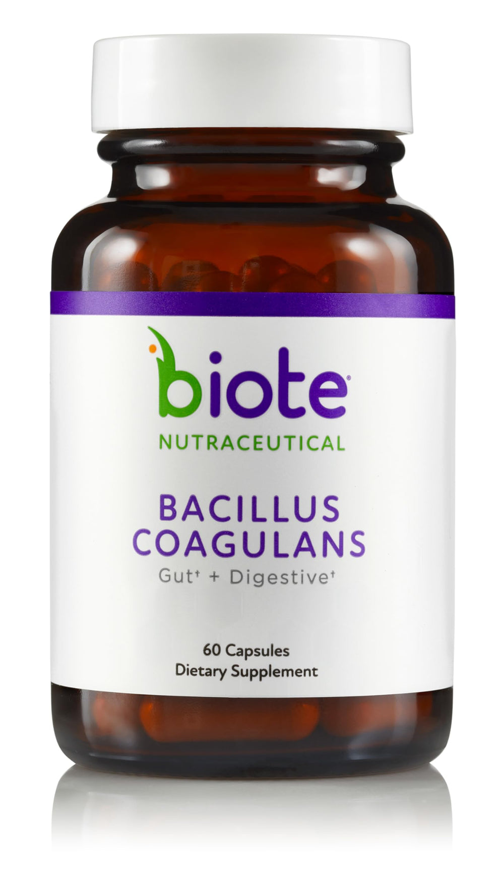 Biote Bacillus Coagulans bottle closeup highlighting capsule texture for digestive support