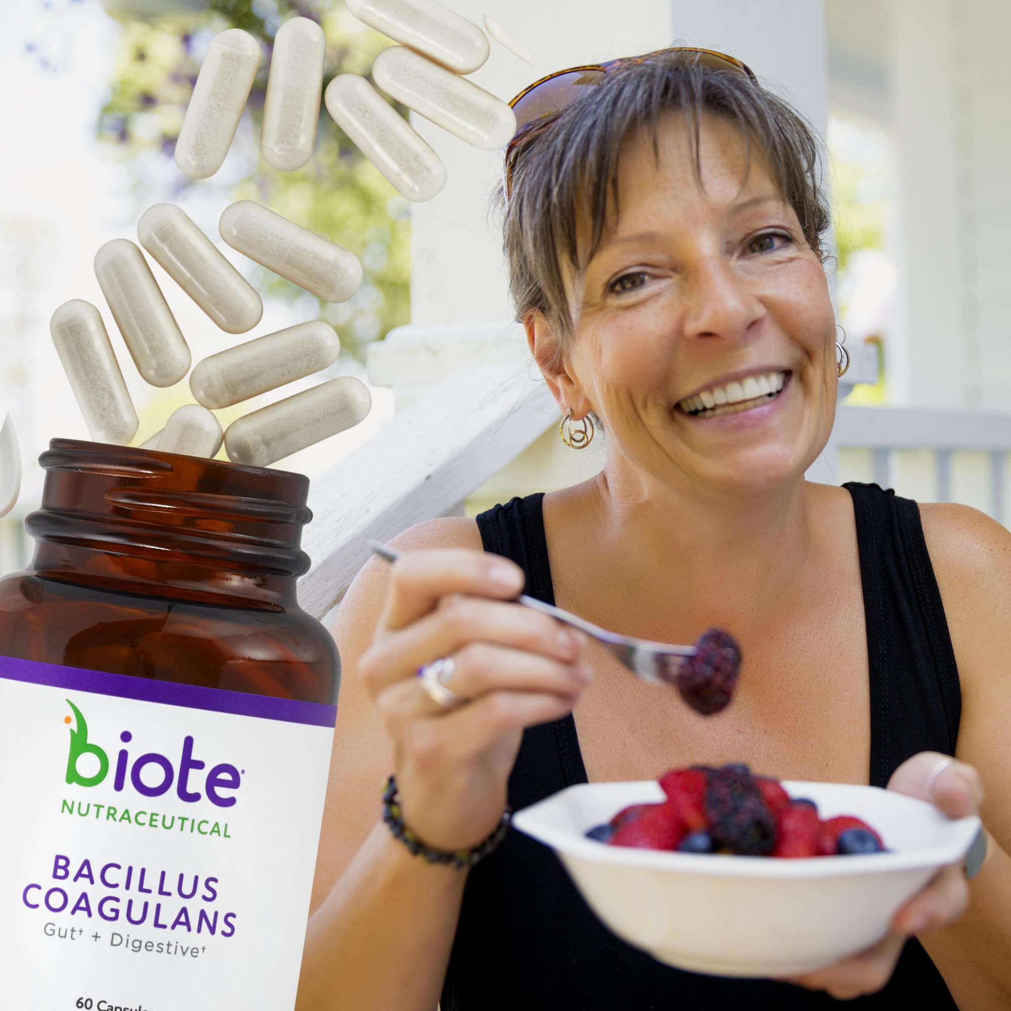 Biote Bacillus Coagulans capsules shown with spoon and glass for daily gut health
