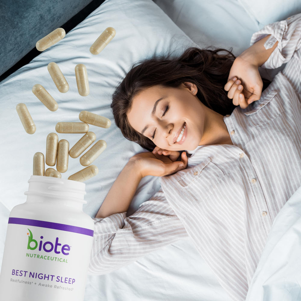 Biote bottle beside morning clock suggesting refreshed awakenings.