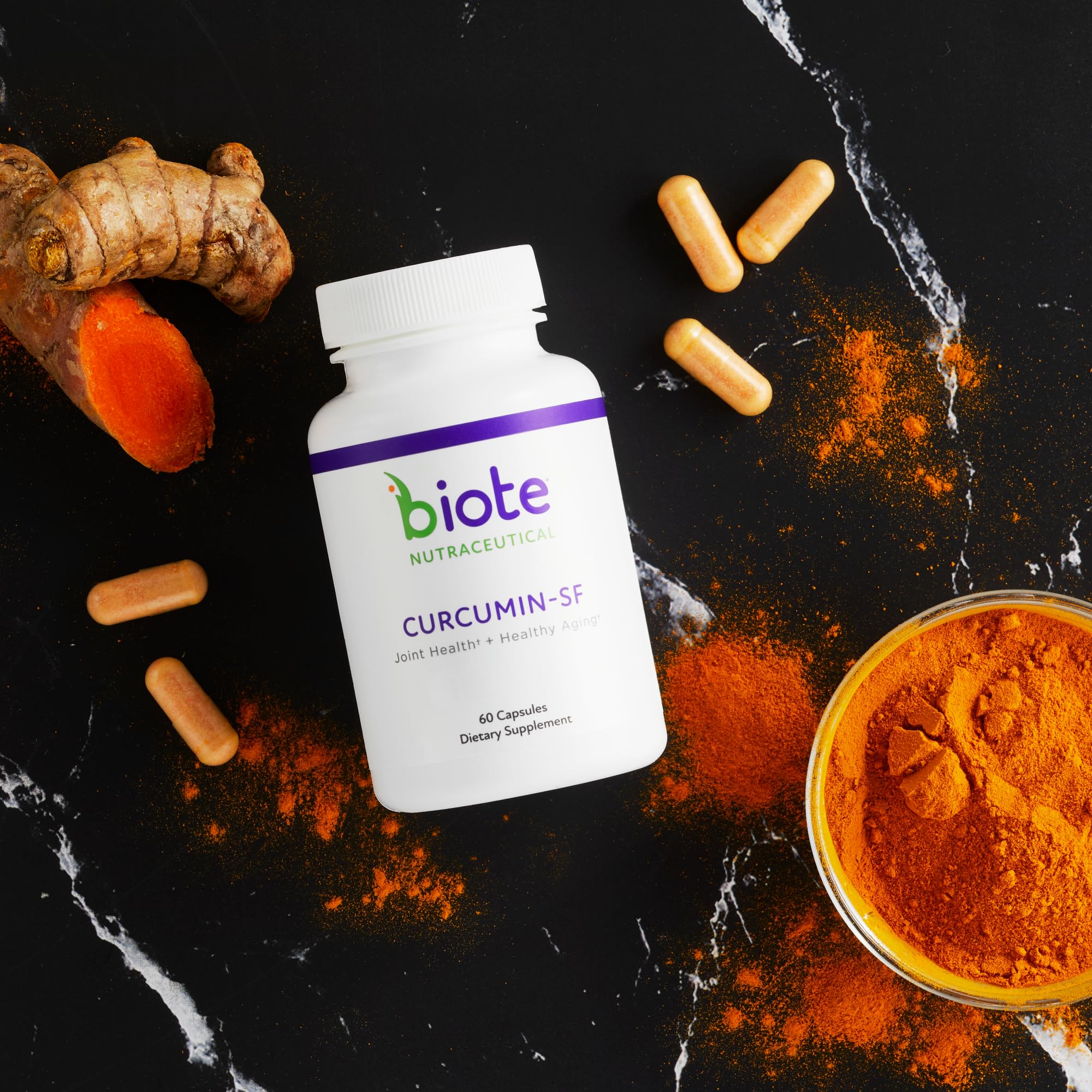 Biote Curcumin SF packaging emphasizes soy-free, dairy-free, gluten-free.