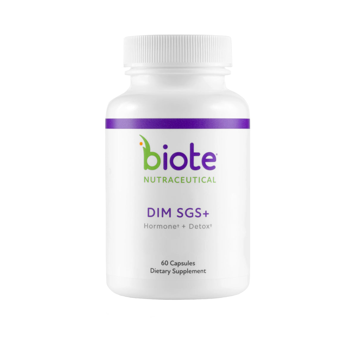 Biote DIM SGS+ bottle label highlights hormone support and detox potential.