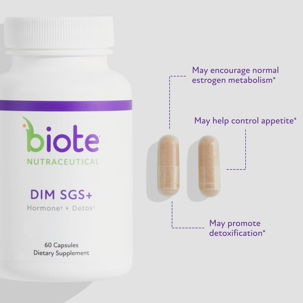Biote DIM SGS+ bottle pour demonstrates convenient dosing for ongoing wellness.