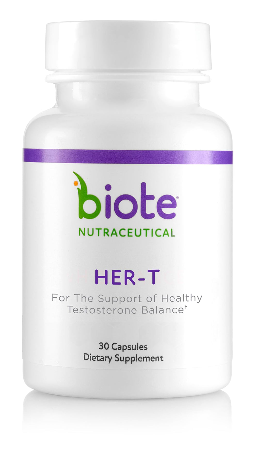Biote HER-T bottle and capsules on a clean surface for daily wellness support.