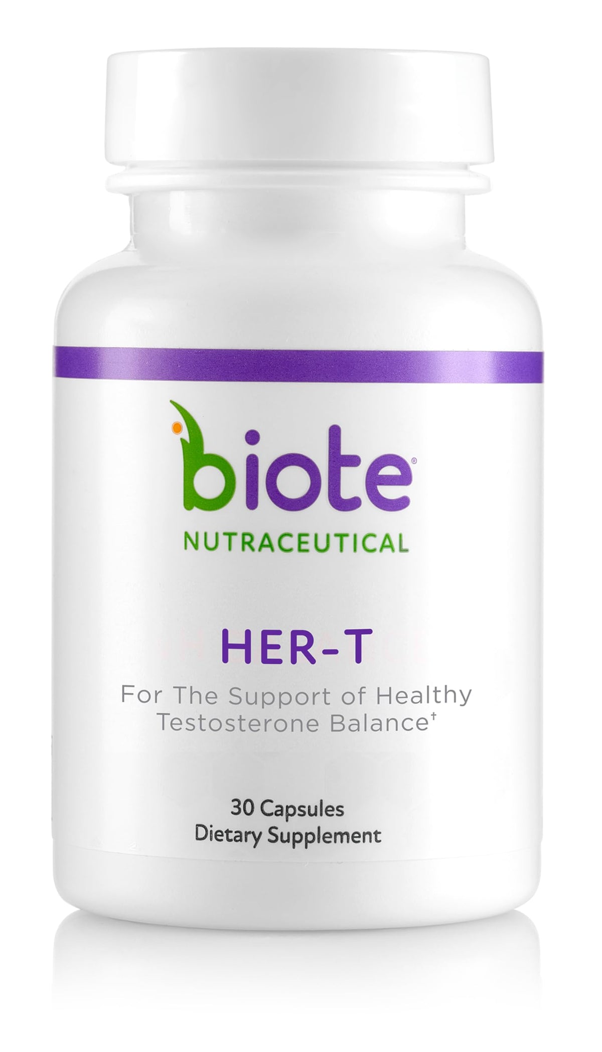 Biote HER-T bottle and capsules on a clean surface for daily wellness support.