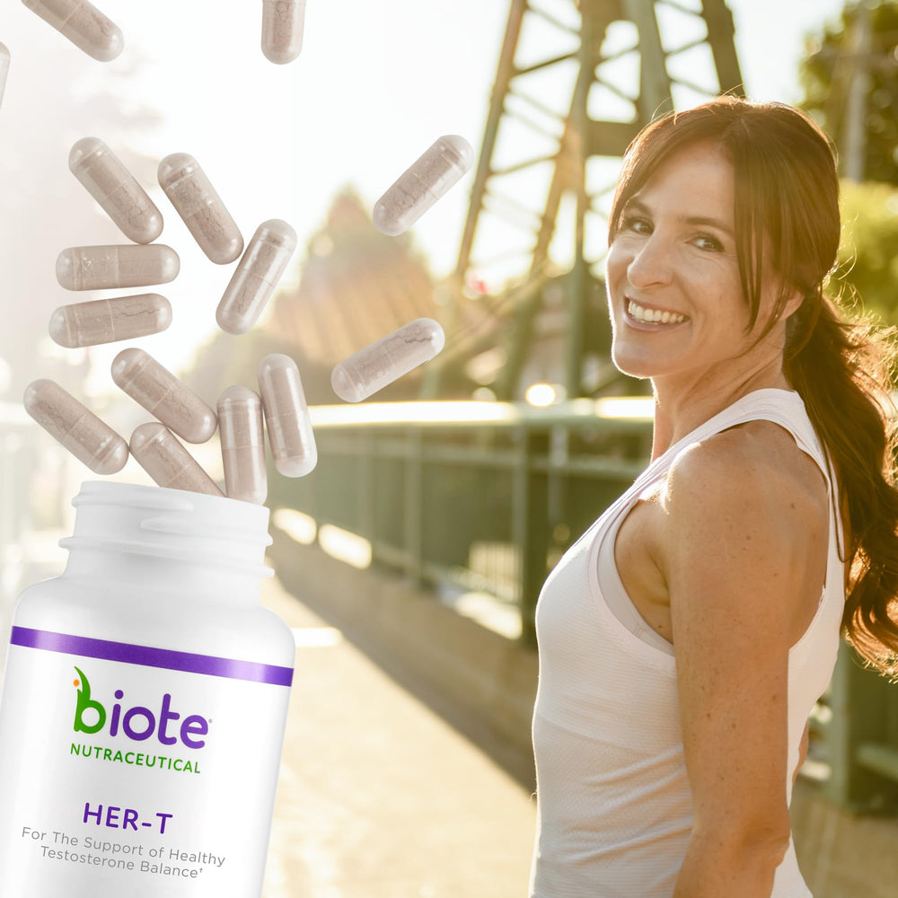 Lifestyle scene with Biote HER-T and a glass of water during daily routine.