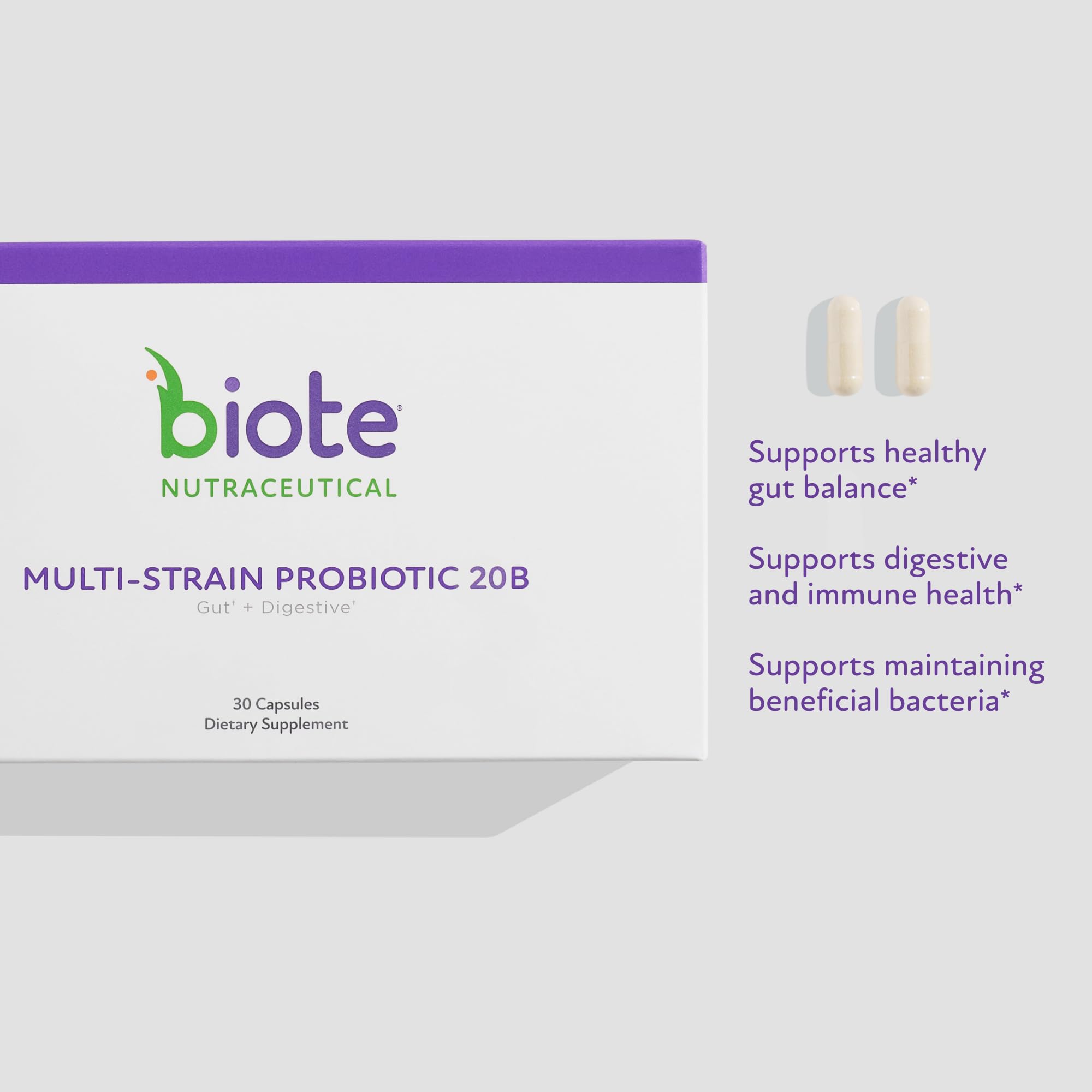 Biote Multi-Strain PROBIOTIC 20B capsules close-up showing daily digestion support.