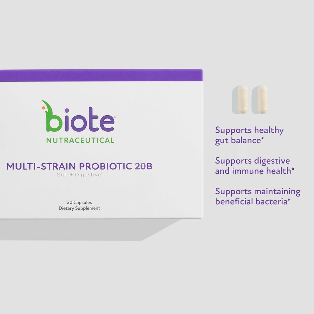 Biote Multi-Strain PROBIOTIC 20B capsules close-up showing daily digestion support.