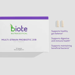 Biote Multi-Strain PROBIOTIC 20B capsules close-up showing daily digestion support.