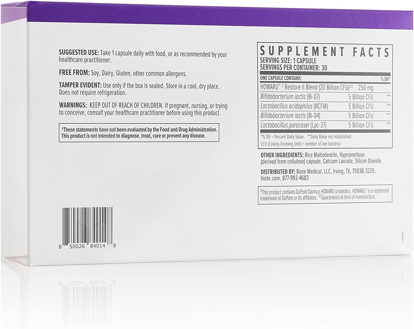 Biote Multi-Strain PROBIOTIC 20B capsules with water illustrate convenient daily use.