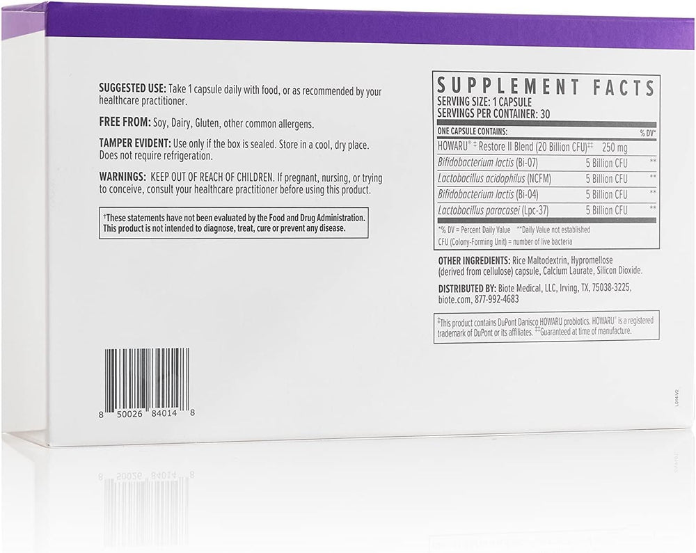 Biote Multi-Strain PROBIOTIC 20B capsules with water illustrate convenient daily use.