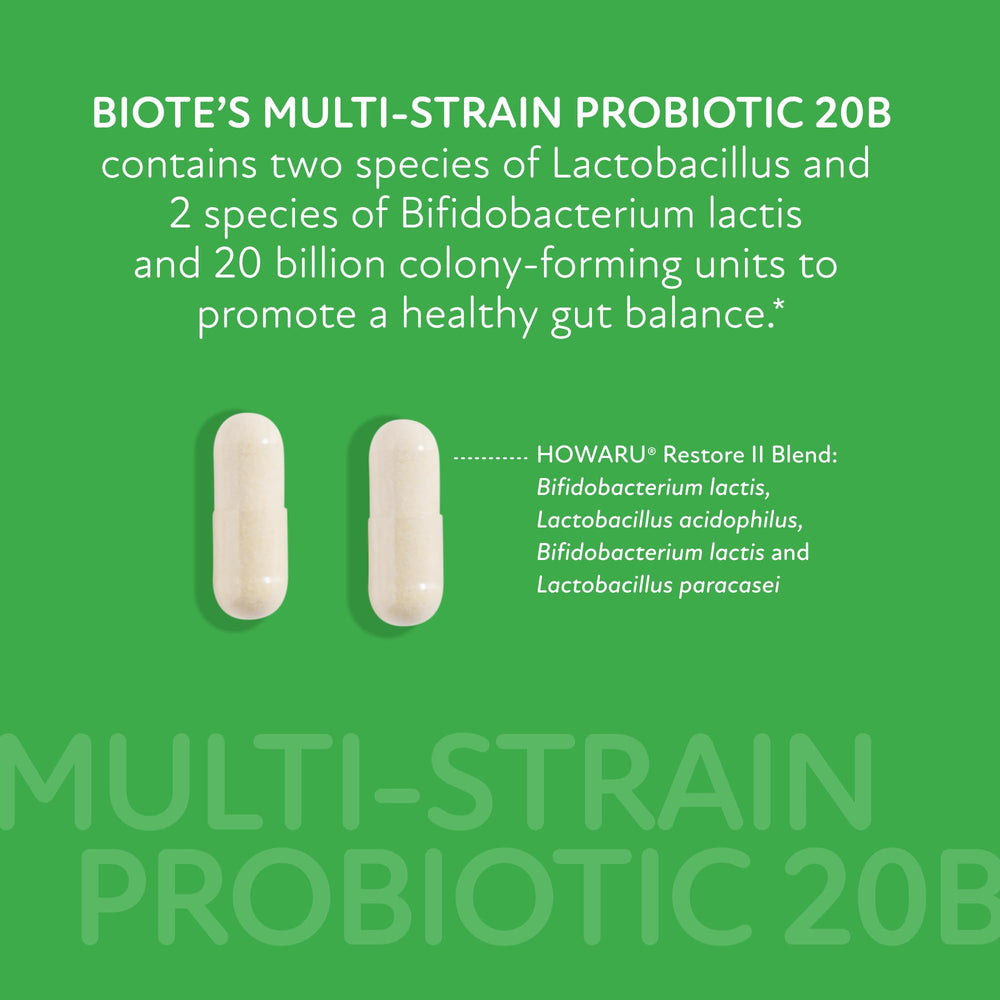 Biote Multi-Strain PROBIOTIC 20B label on bottle highlights allergen-free formula.