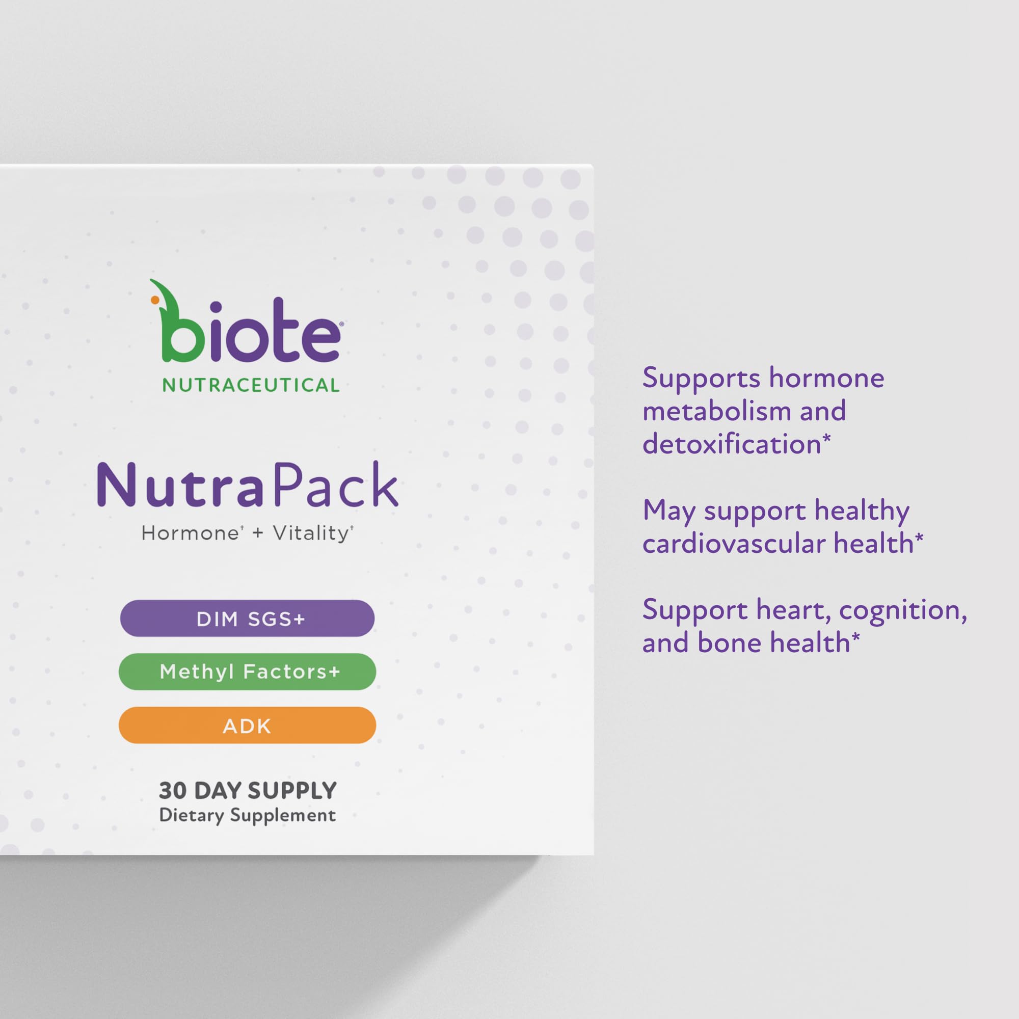 Biote NutraPack bottle and box arrangement showcases convenient packaging for busy mornings.