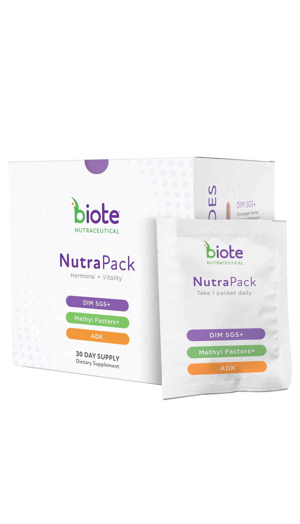 Biote NutraPack hormone balance daily pack close-up showing convenient sachets for easy daily use.
