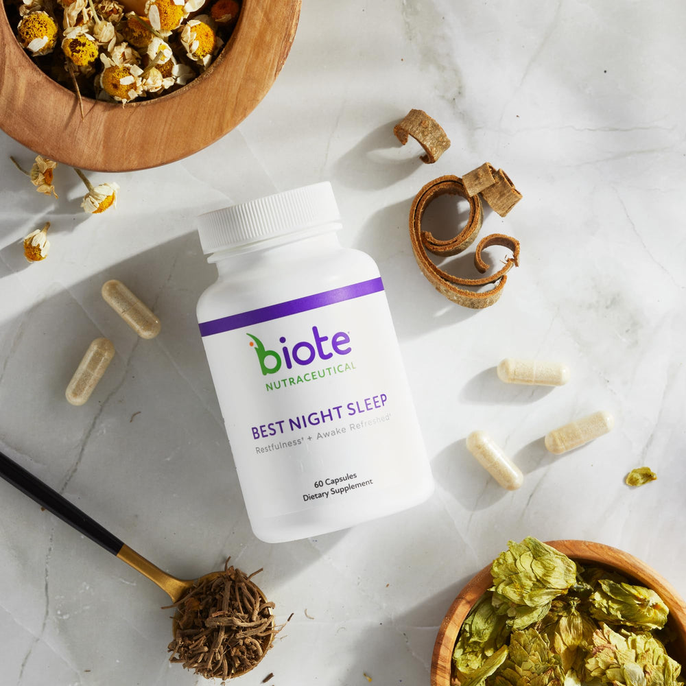 Biote Restful Sleep capsules closeup highlighting easy nightly routine.