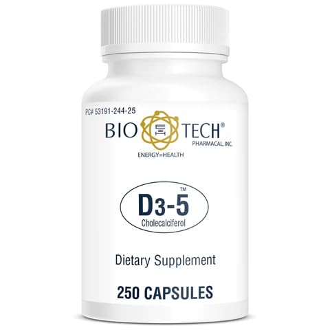 Bio-Tech Pharmacal D3-5 bottle closeup showing 5,000 IU vitamin D3 capsules for daily support