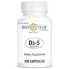 Bio-Tech Pharmacal D3-5 bottle closeup showing 5,000 IU vitamin D3 capsules for daily support