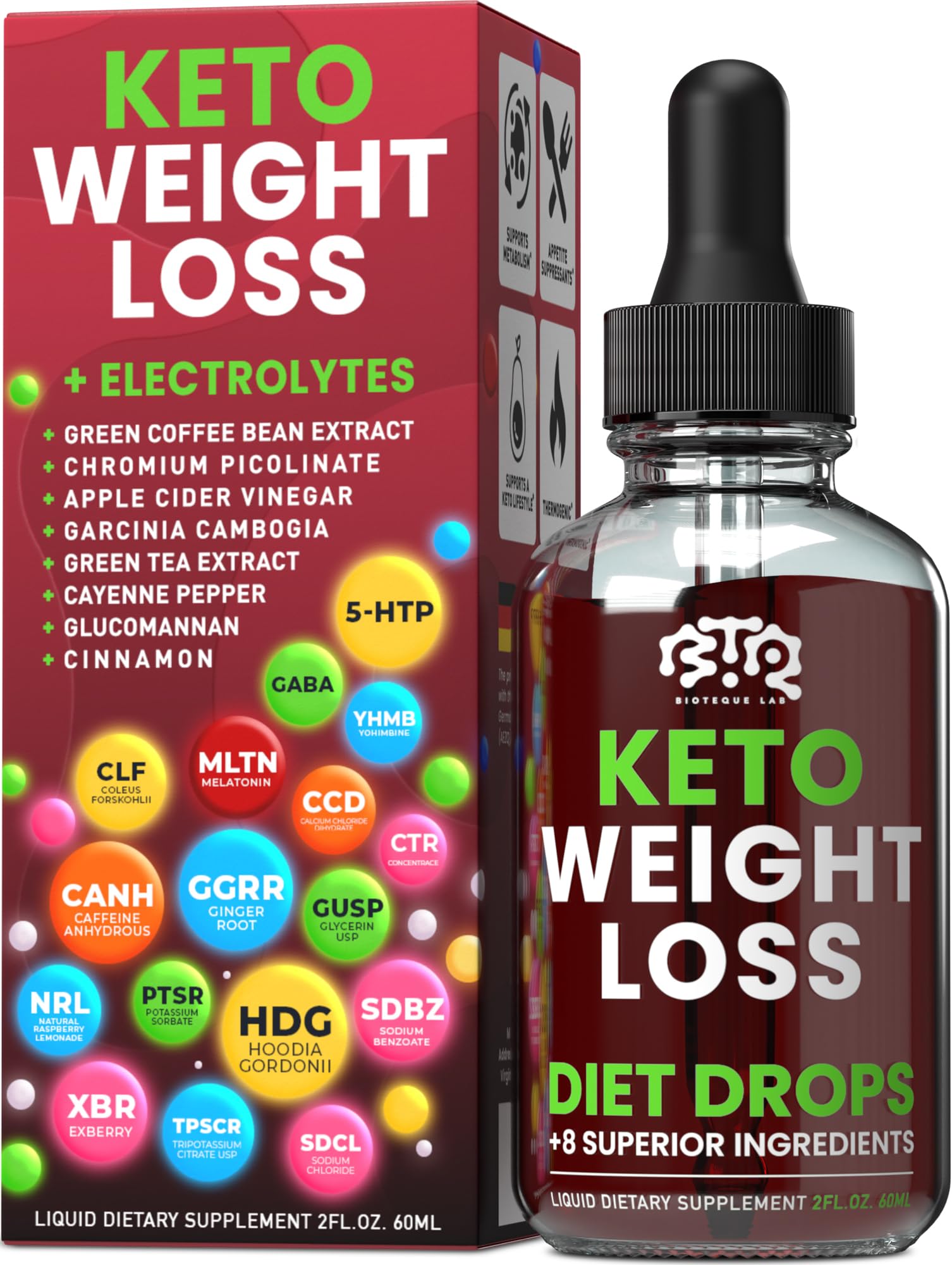 BIOTEQUELAB Keto Weight Loss Drops bottle pour showing metabolism support for daily use
