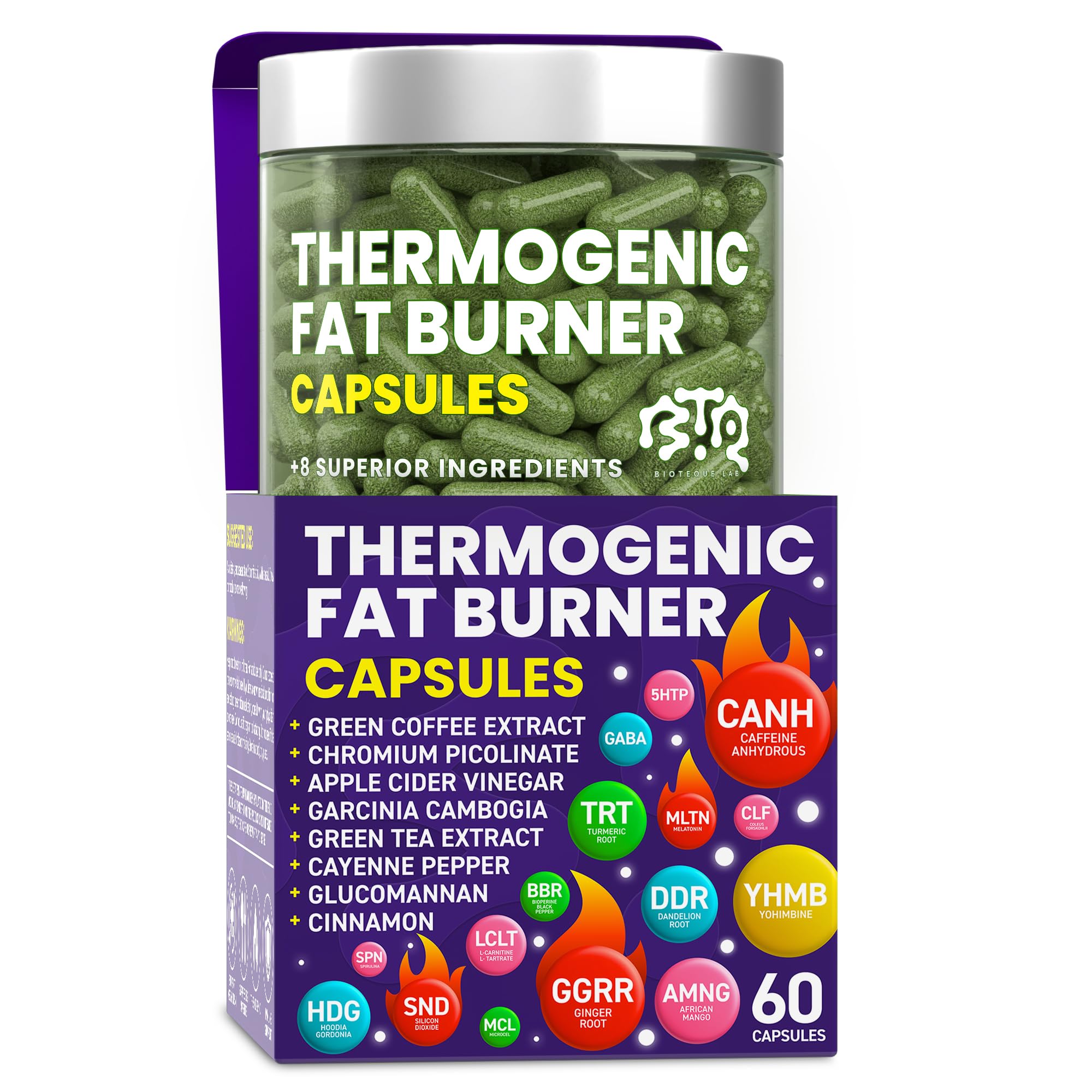 BIOTEQUELAB Thermogenic Fat Burner bottle on a table ready for daily use.
