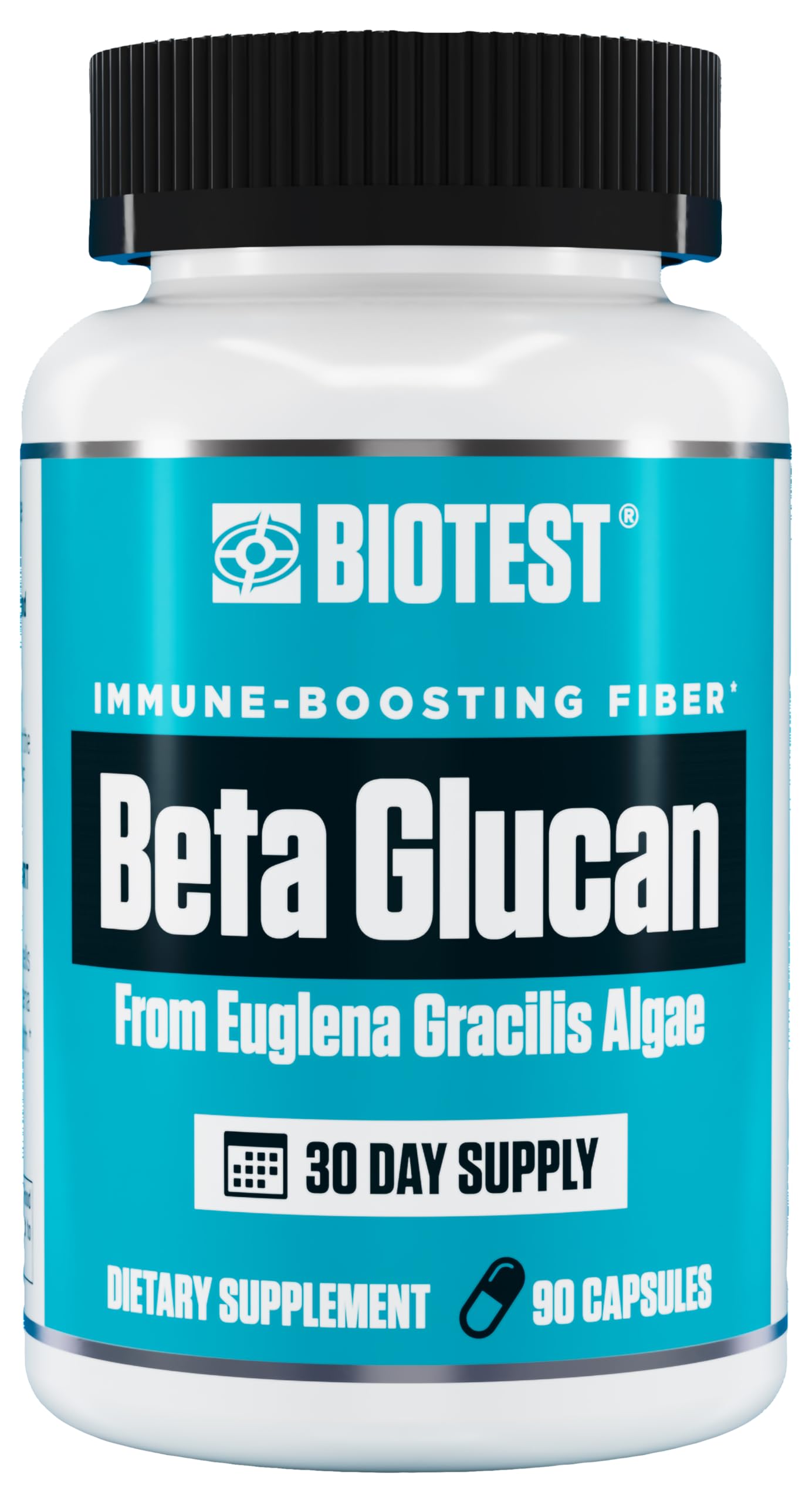 Biotest Beta-Glucan bottle front highlighting immune support.