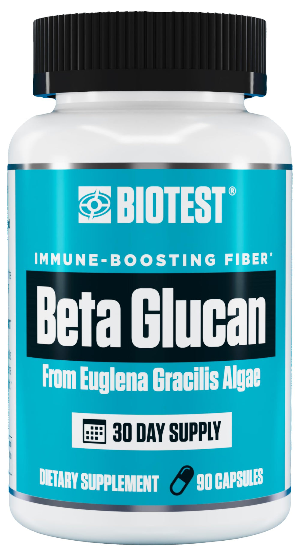 Biotest Beta-Glucan bottle front highlighting immune support.
