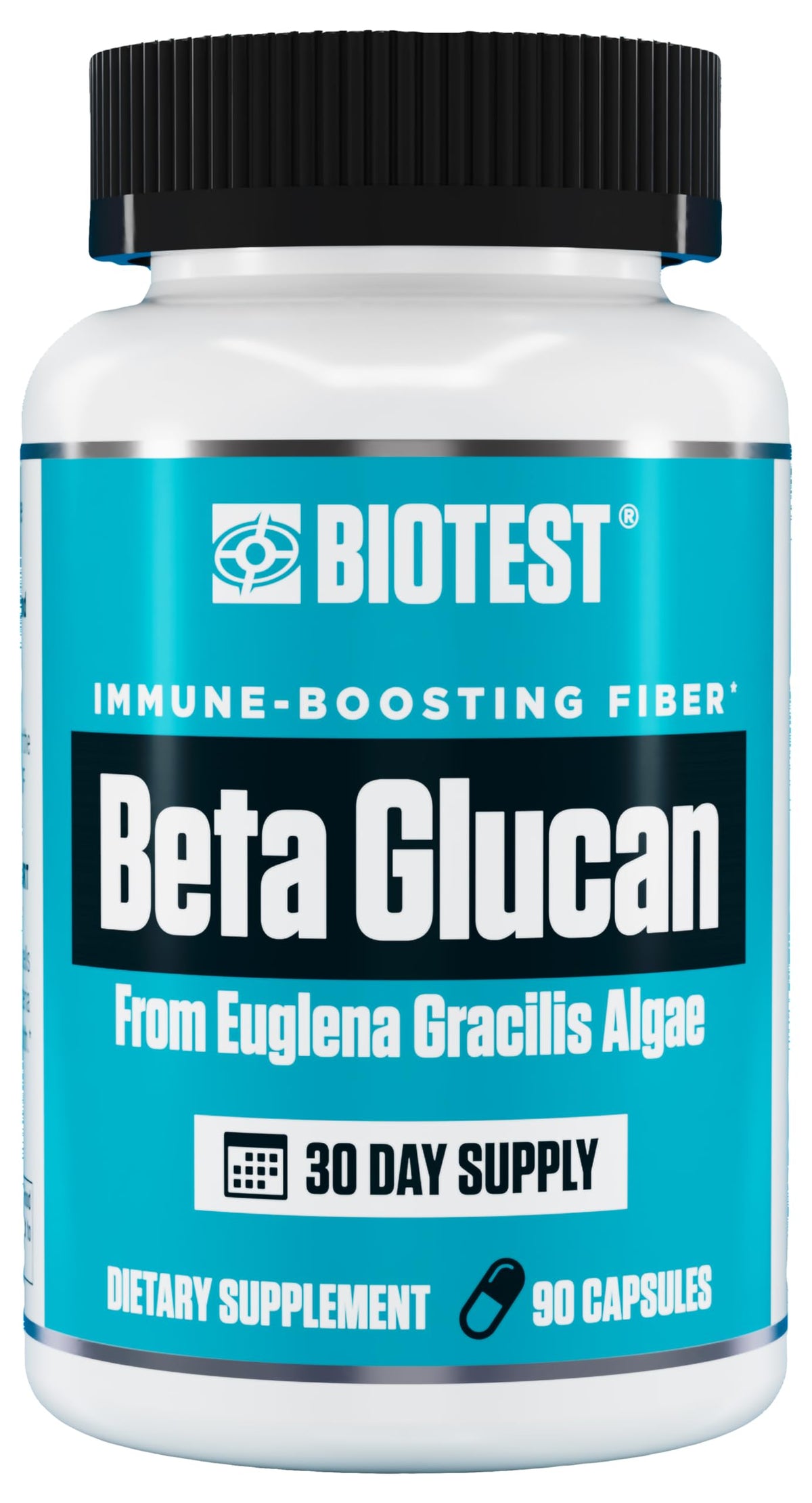 Biotest Beta-Glucan bottle front highlighting immune support.