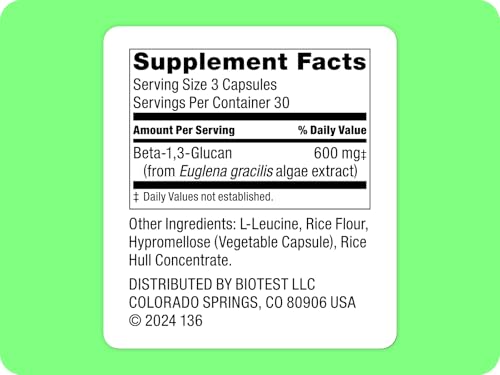Biotest Beta-Glucan bottle label close-up showing 600mg dose.