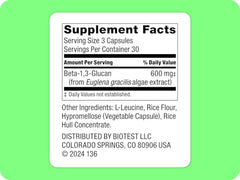 Biotest Beta-Glucan bottle label close-up showing 600mg dose.