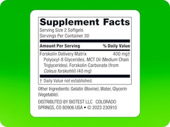 Biotest Carbolin 19 bottle back label detailing ingredients and 40 mg forskolin