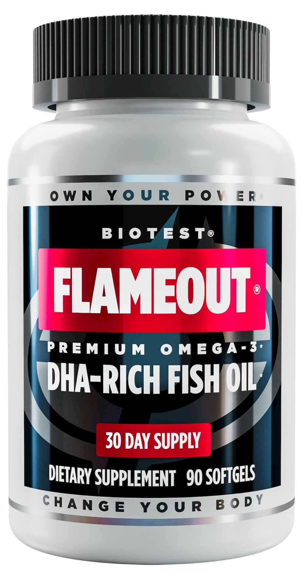 Biotest Flameout bottle front showing DHA-rich omega-3 formula for daily support.